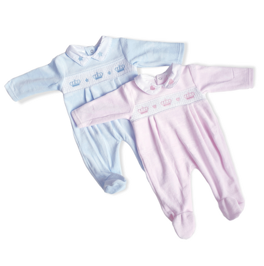 Smocked Crown Velour Babygrow