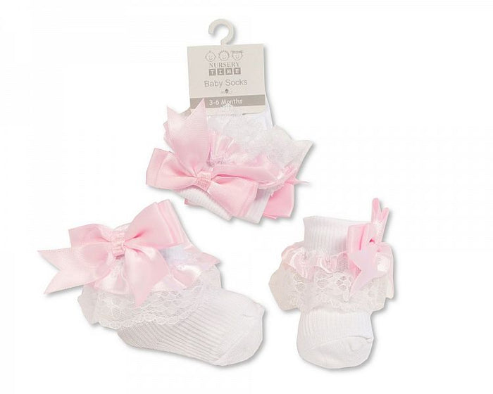 Frilly Ankle Socks Pink Bow